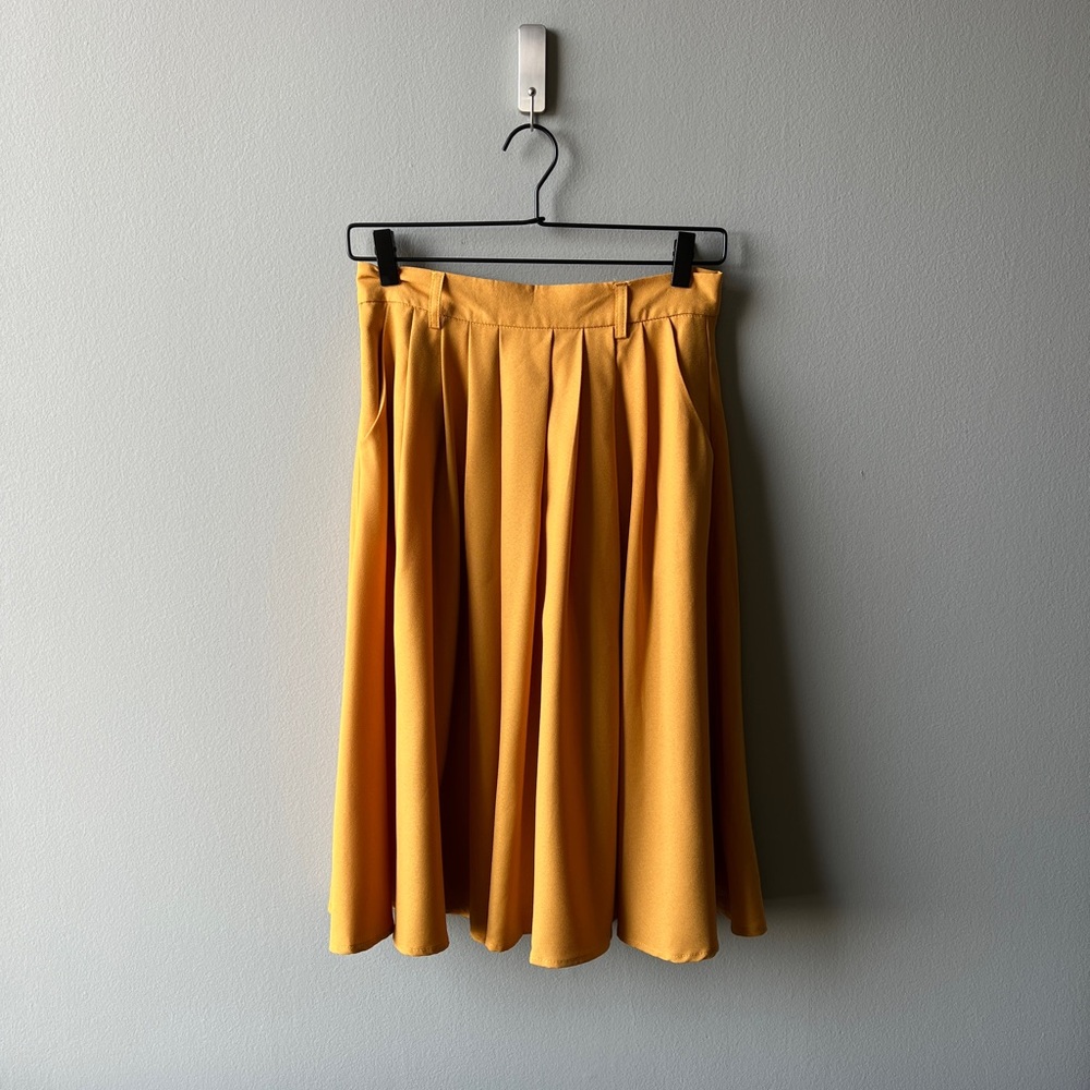 Penelope Mustard Yellow Pleated A Line Midi Skirt